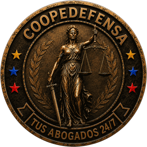 Sello de Coopedefensa: la balanza de la justicia rodeada por la leyenda Coopedefensa, tus abogados 24/7